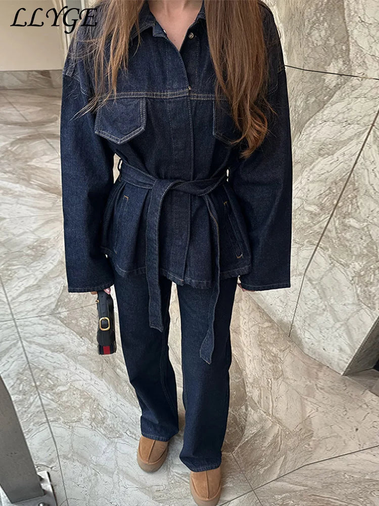 Vintage Belt Denim Jacket Pants Set Women Lapel Single Breasted Jackets Pockets Straight Jeans 2025 Autumn Lady Street Outfits