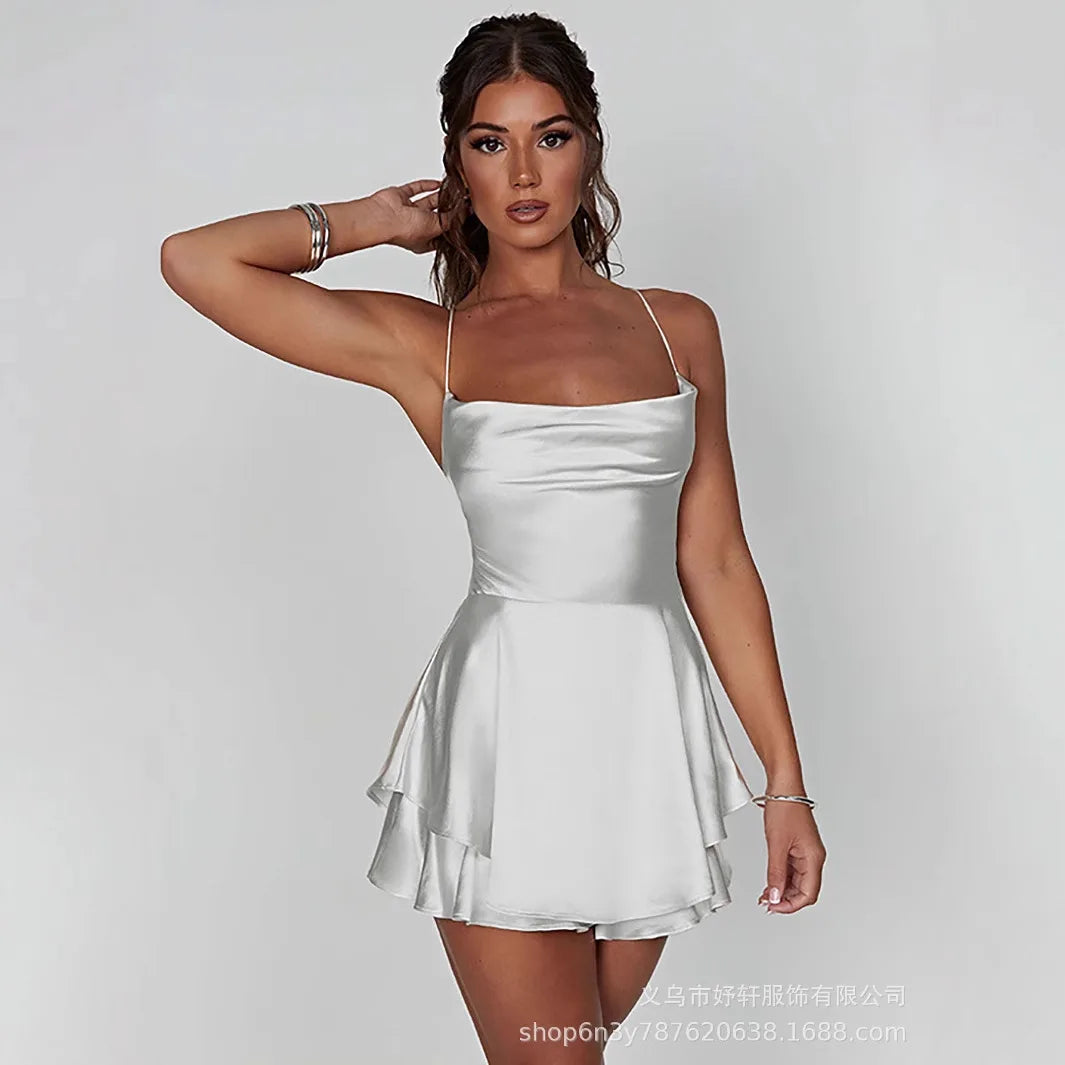Sexy Dress Mini vestidos Elegant Bodycon Spaghetti Strap solid Color Leace-up Fashion Simple Style Banquet Backless Ruffles Slim
