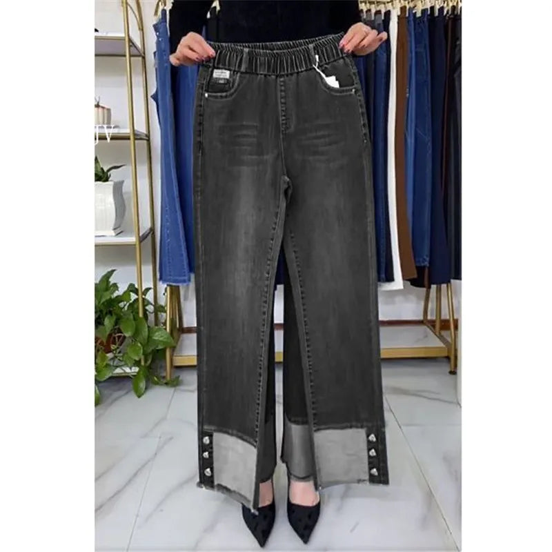 Plus Size Middle Aged Womens Jeans Elastic Waist High Waist Loose Denim Pants