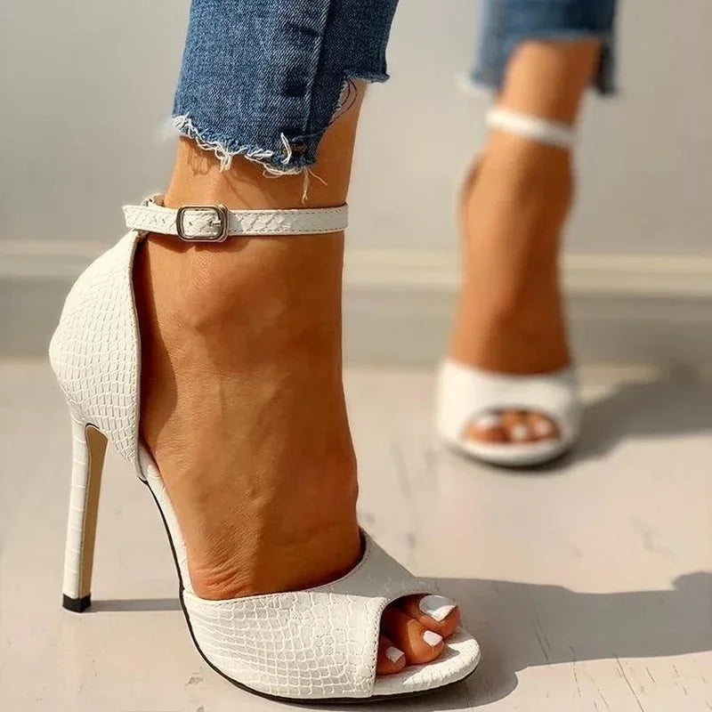 Sexy White Dress Wedding Shoes Women Ankle Strap Peep Toe High Heel Sandals Super High Heels Buckle Snake Pattern Woman Pumps