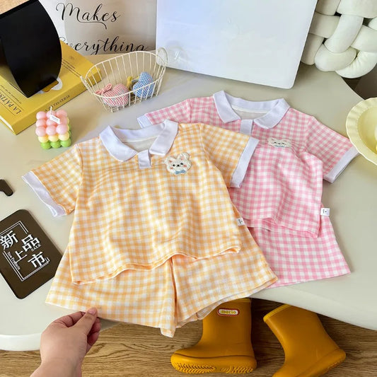 2pc Baby Girls' Two-Piece Plaid Polo Tops +shorts Children's Summer New Stylish Stripe Casual Set for Boys and Girls Kids