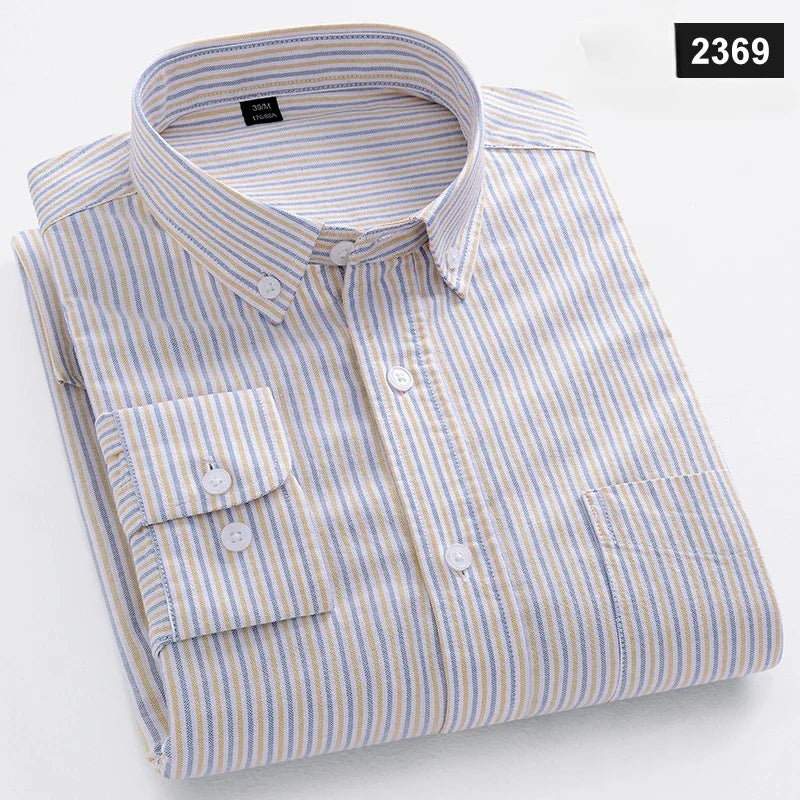 Fashion korean trends casual long-sleeve shirts for men slim fit plain shirt 100%cotton plaid striped tops soft designer clothes