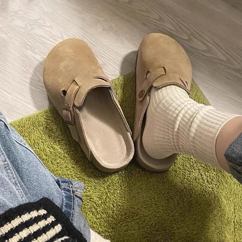 Summer Retro Birken Style Brown Faux Suede Flat Slippers Fashion Round Toe Platform Mules Outdoor Woman Soft Sole Cork Slides