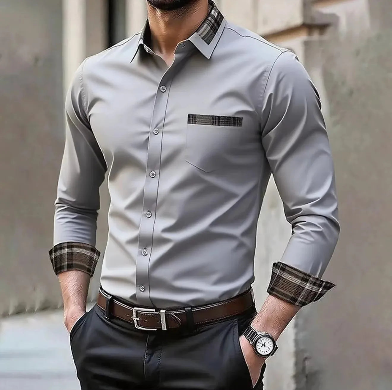 Men's pocket casual formal shirt, available in 12 colors, stylish and comfortable long sleeved shirt, suitable for weddings and
