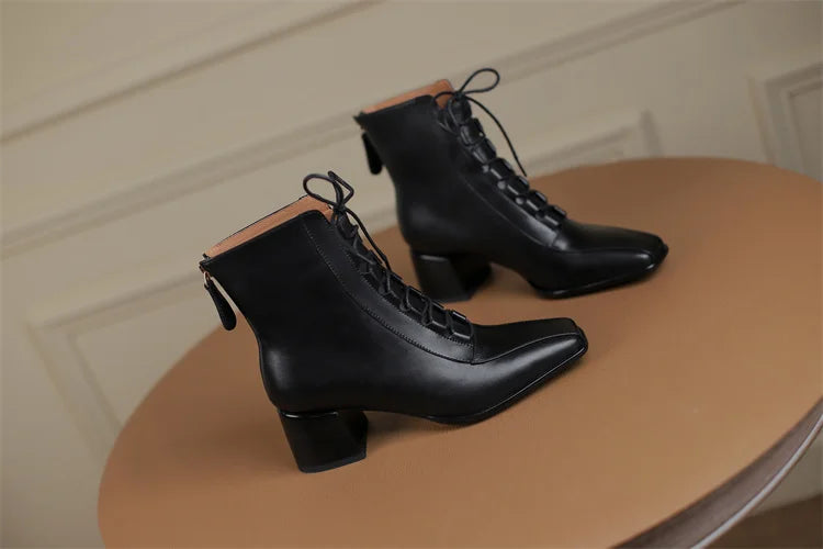 2026 Fashion Women Shoes Split Leather Short Boots Square Toe Chunky Boots Winter Shoes Women Solid High Heel Boots for Women