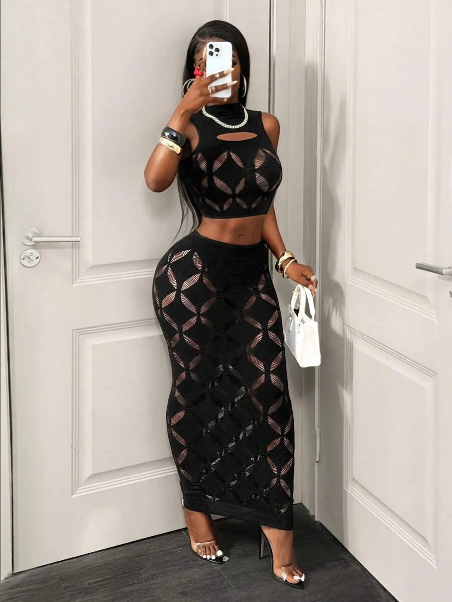 FHSEER Plus Size 2 Piece Women Sexy Mesh Crop Tank High Waist Bodycon Mini Skirt
