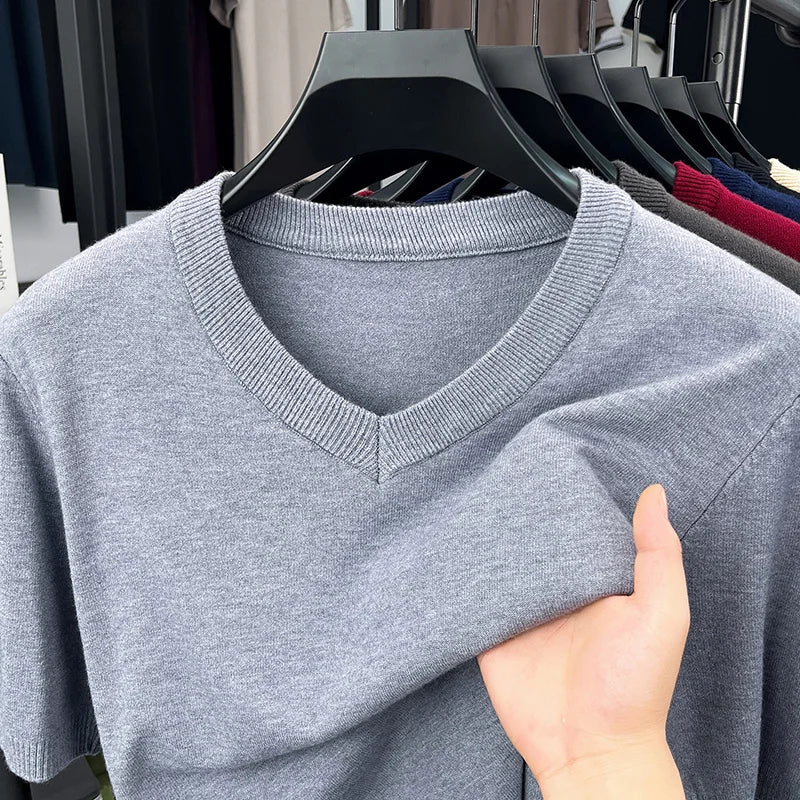 Mens V Neck Short Sleeve Wool Knit Pullover Soft Thin Knitwear For Business Office Daily Casual Spring Summer Basic Tops