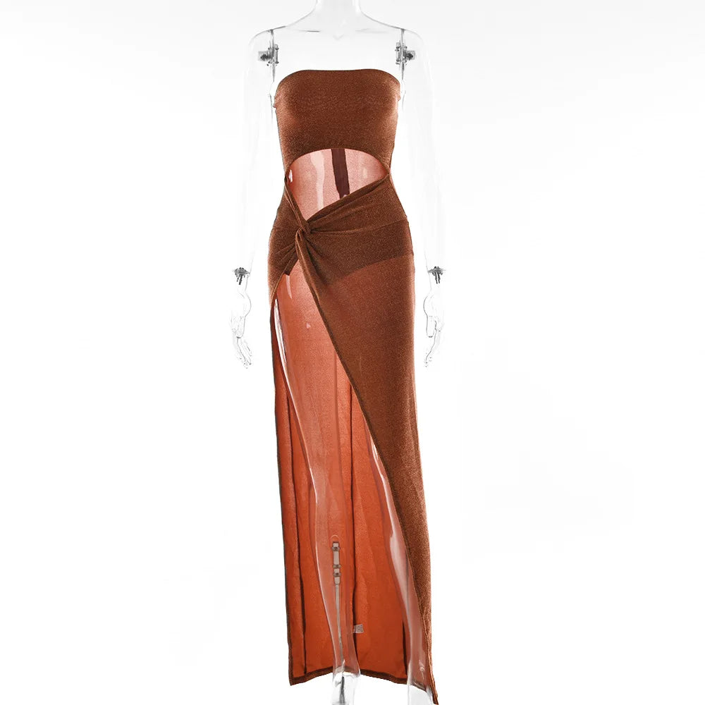 Cryptographic Summer Sexy Strapless Cut Out Slit Maxi Dress Elegant Outfits for Women Sleeveless Glitter Twist Dresses Vestido