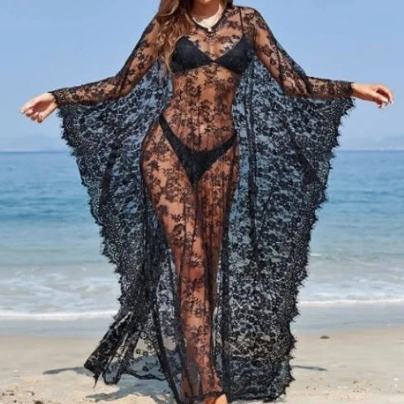 Sexy Lace Beach Bikini Cover Up Robe Pareo Beachwear Swimwear Women Dress Black White Swimsuit Hollow Out See-through Vacation