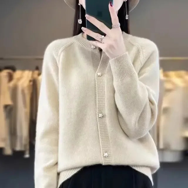 New Women Cardigan Sweater Autumn/Winter Round Neck Star Button Solid Knit Bottoming Shirt Jacket Quality Knitwear Female Tops