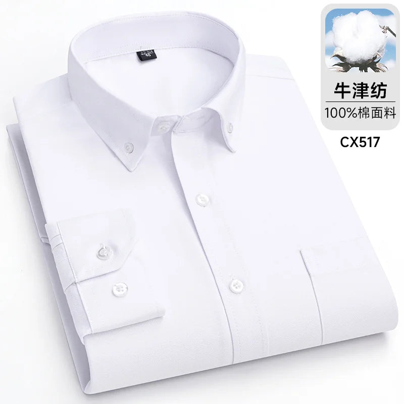 100%Pure Cotton Shirt Long Sleeve  Oxford Casual Solid Color Striped Regular Fit Formal Dress Shirt Men's Clothing 6XL 7XL