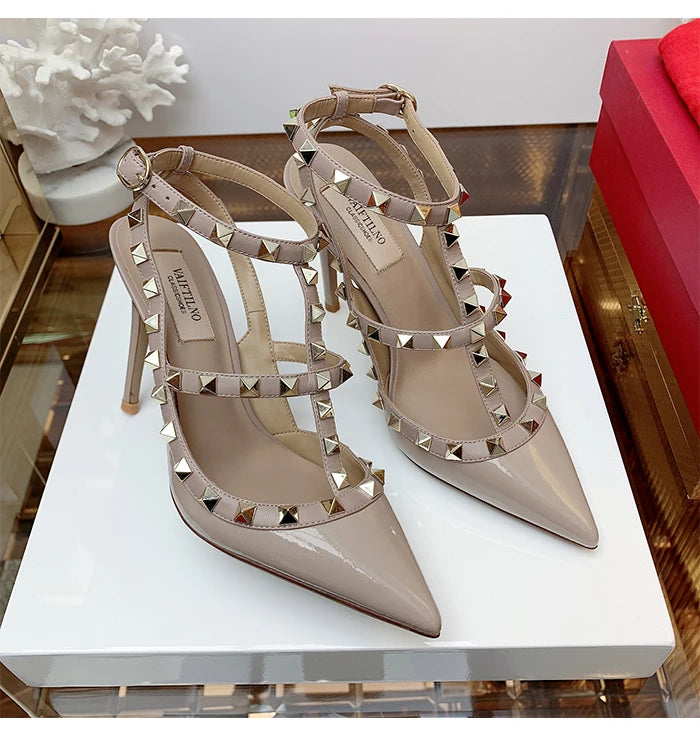 Nude Women's Gladiator sandals Summer 2025 Luxury With Ankle Strap Pointed Toe Fashion Rivet High Heels Party Ladies Shoes Women