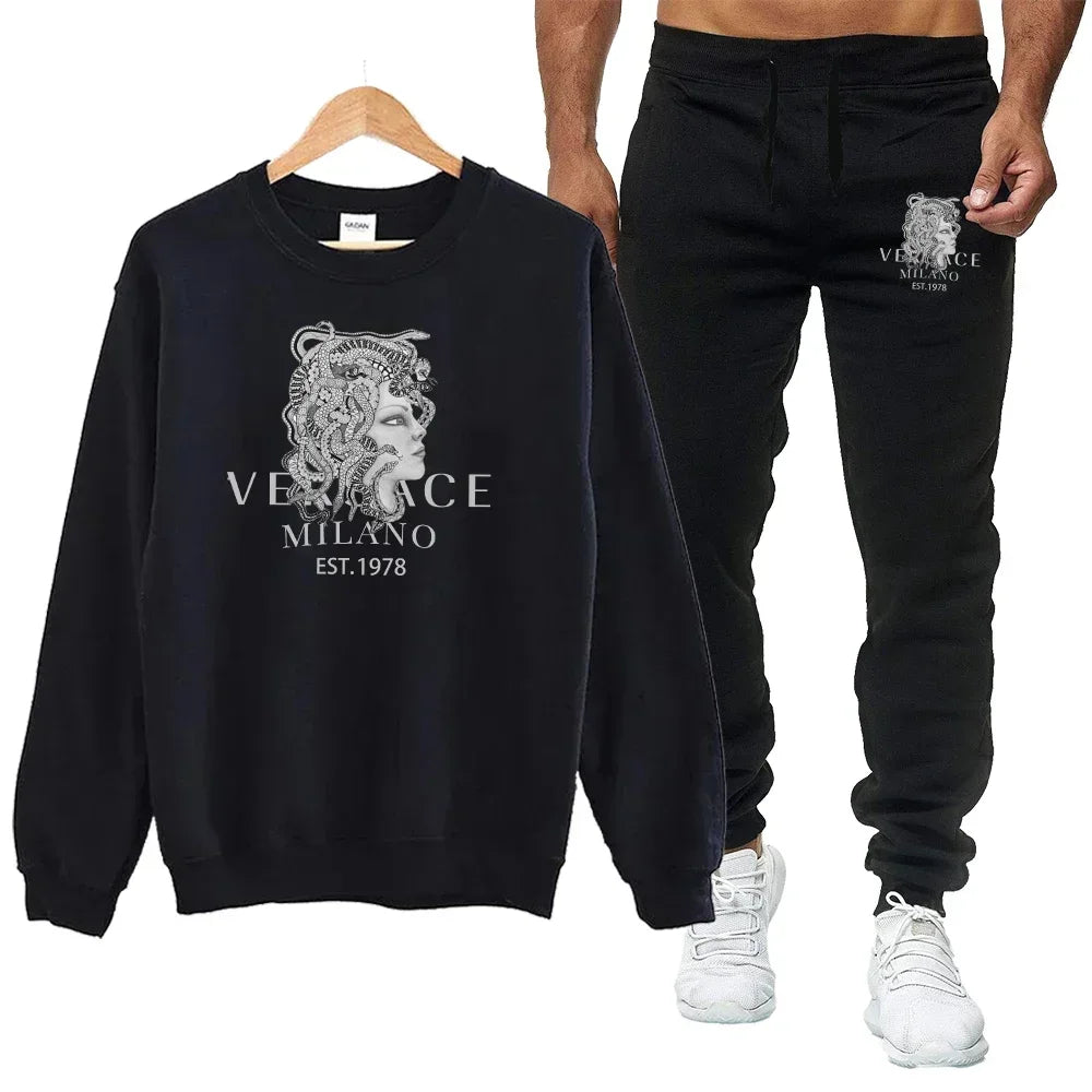 Men's Autumn Round Neck Sweatshirt + Sweatpants Luxury Print Simple Casual Versatile Casual Sports Two-piece Set for Men