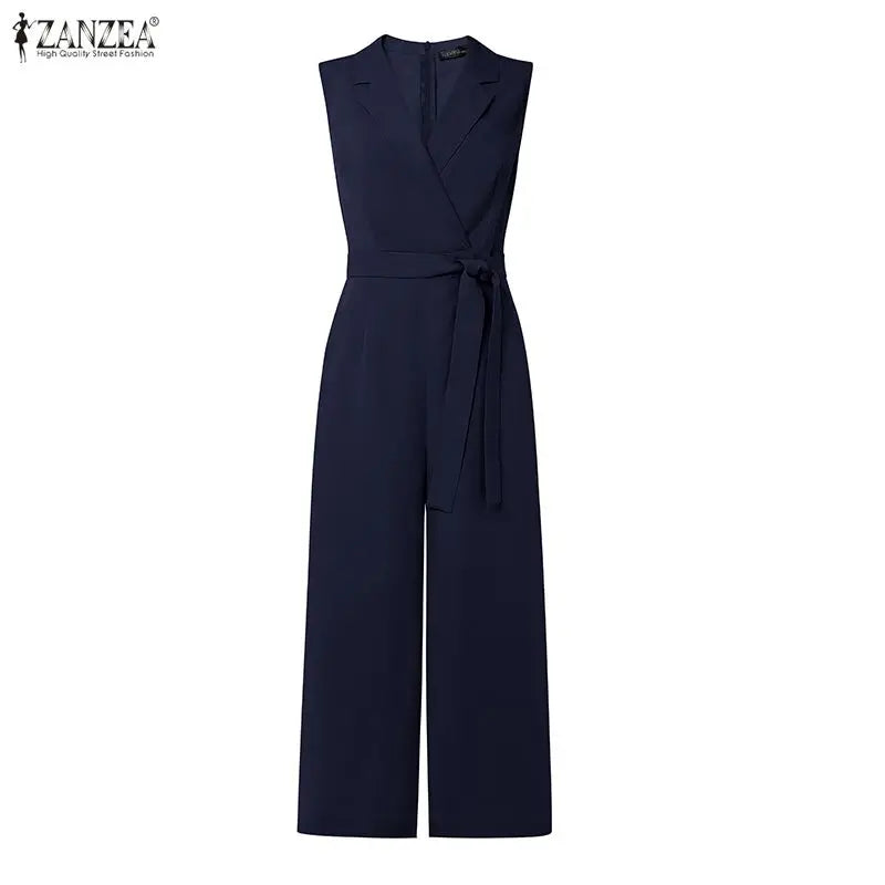 Fashion Women Jumpsuits ZANZEA 2026 Summer Rompers Lapel Neck Sleeveless Playsuit Elegant OL Work Wide Leg Overalls Trousers