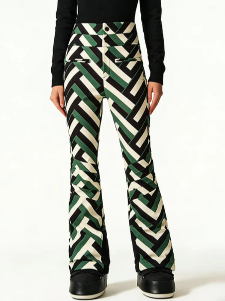Bold Black And White Striped Green Ski Suit Long Sleeved Hooded Zipper Thick Jackets Warm Pant 2026 New Woman Outdoor Sportswear