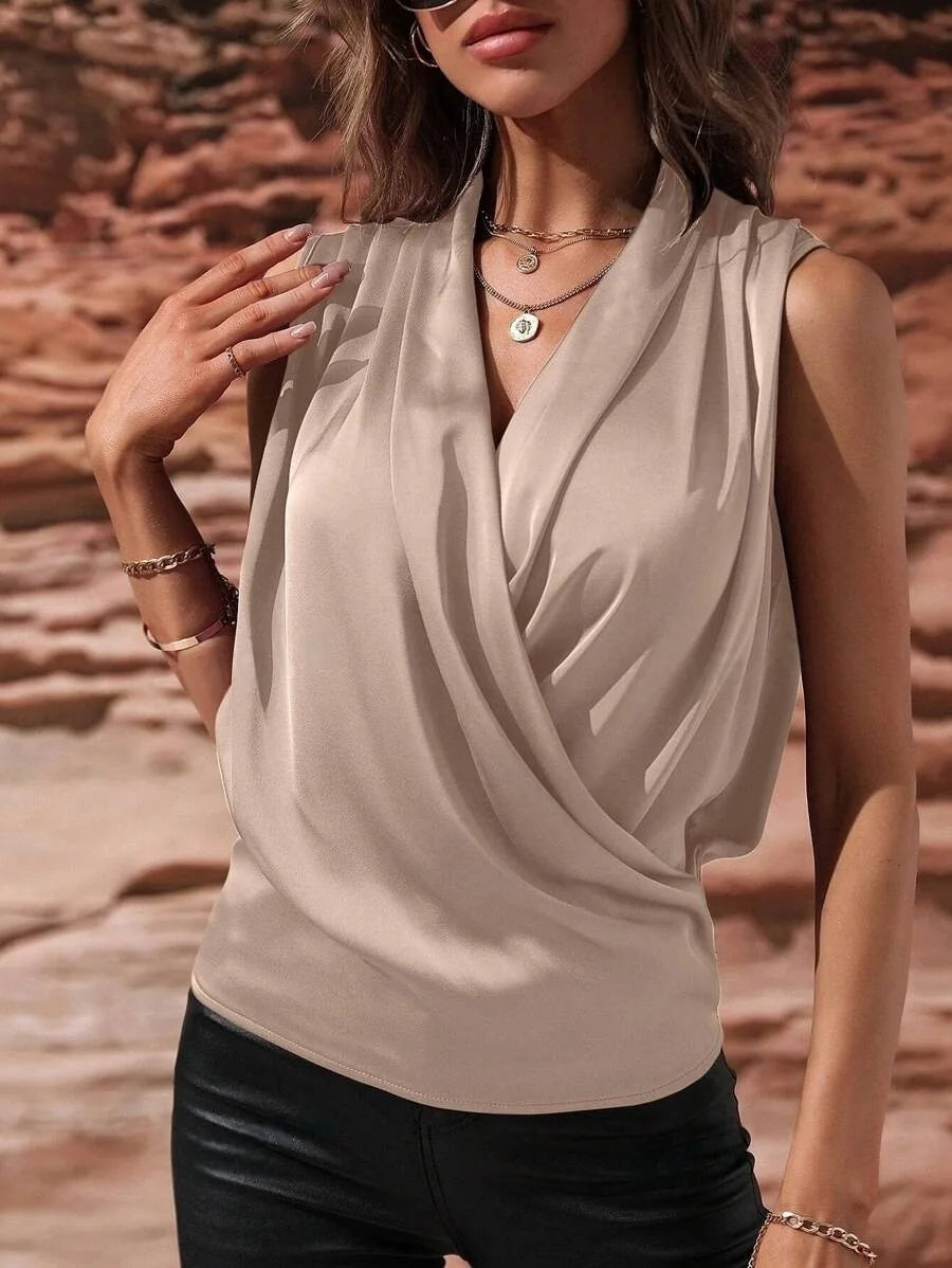 Spring Summer Sleeveless Satin Ruffled Blouse European American Style Sexy Shirt Cross Border Fashion for Women