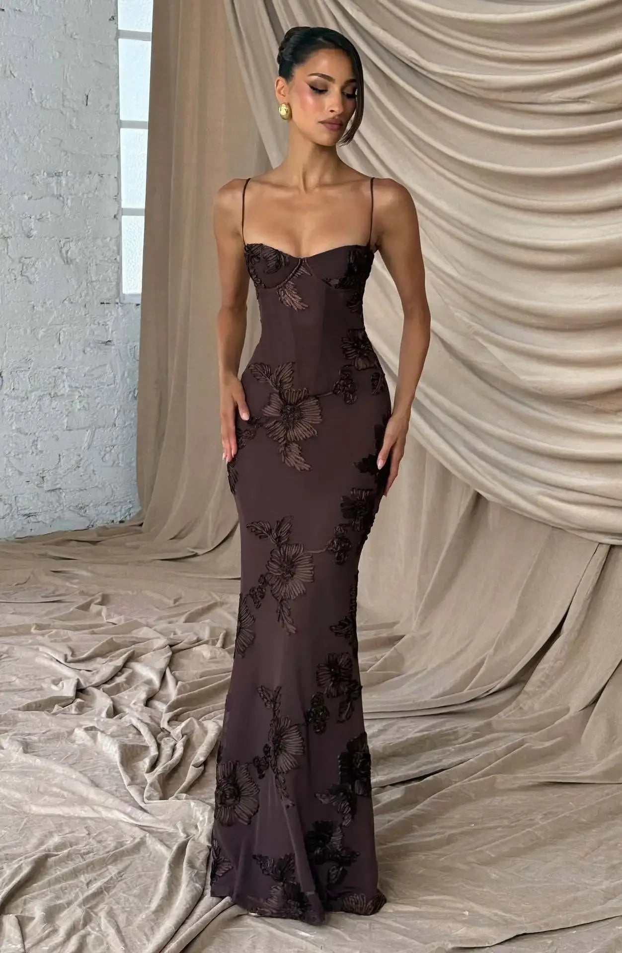 Elegant Women 3d Embroidery Floral Long Dress Women Backless Cross Tied Spaghetti Strap Robe Slim Floor Length Evening Dresses