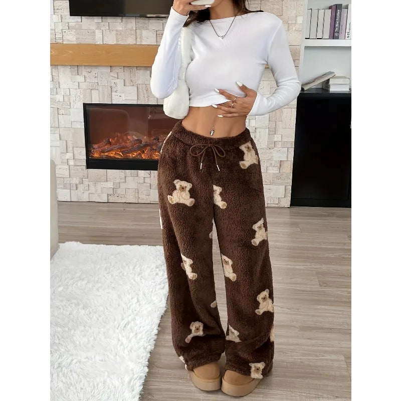 1pcs Autumn and Winter Fashionable Casual Pants, Bear Pattern Wide-leg Pants, Loose and Warm Women's Long Pants and Pajama Pants