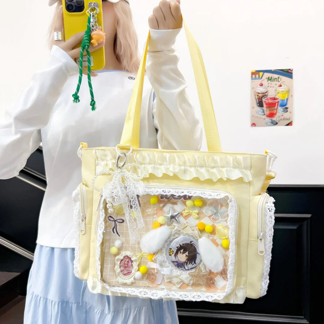Sweet Lolita Single Shoulder Crossbody Bag Transparent Window Lace Ruffles Anime Badge Display Bag for Women
