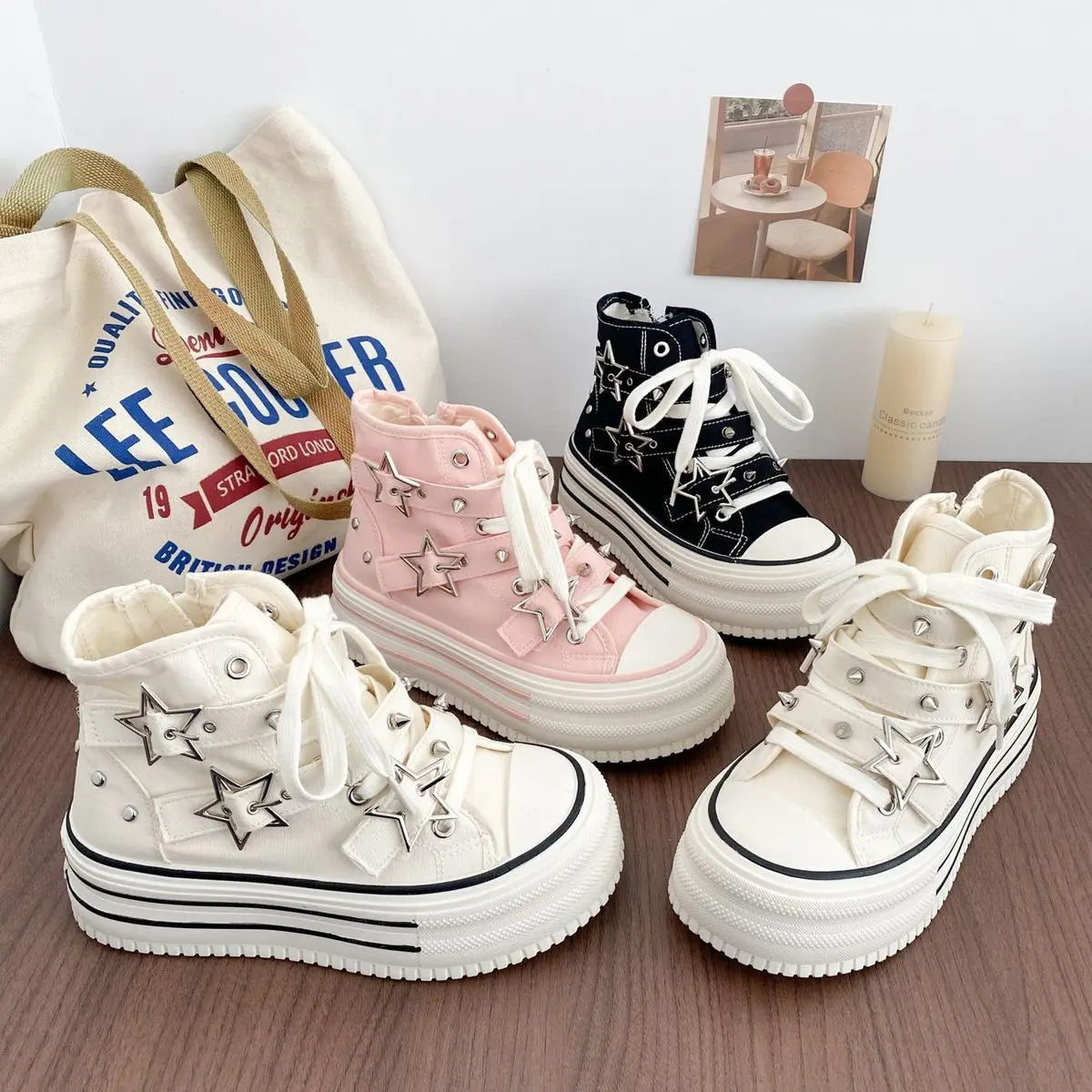 Y2K Pink High-top Canvas Shoes for Women Design Rivet Buckle Lace-up Platform Women's Summer Sports Shoes Fashion Board-shoe