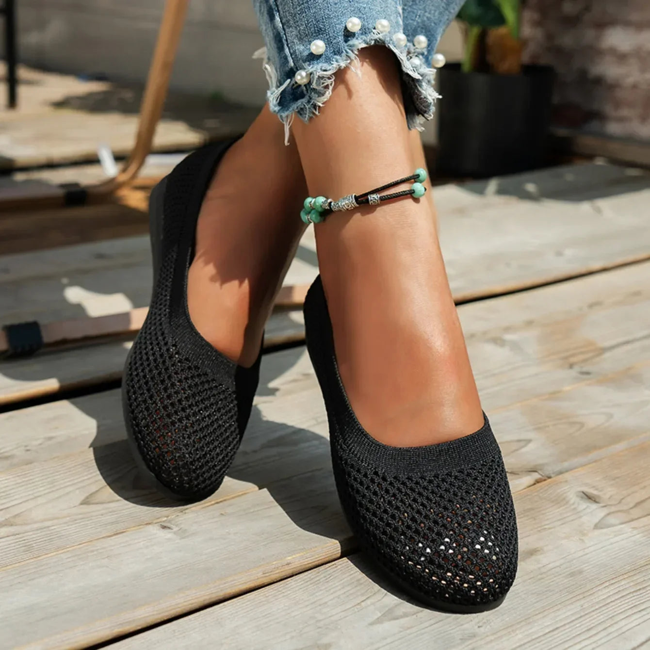 Women Round Toe Flat Shoes Solid Color Knitted Slip on Shoes Casual Breathable Ballet Flats Women Mesh Flat Shoes Loafers Woman
