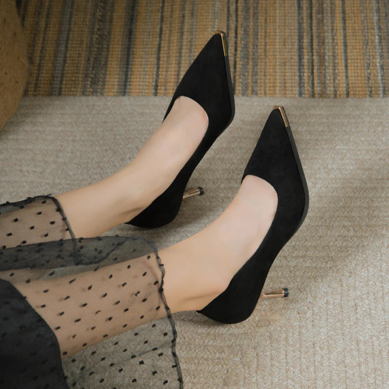 NEW Women's Style Banquet Fashion Light Luxury 6 8cm High Heels Pumps Stiletto Metal Pointed Suede Single Fashion Casual comfort