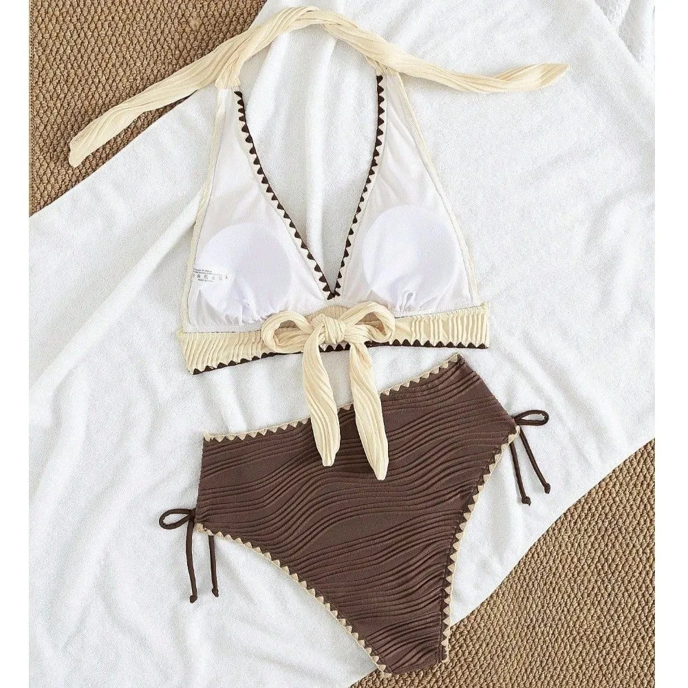 Fashion Contrast Color Bikini Set with Chest Pad High Waist Two Piece Swimsuit Sleeveless Beachwear Holiday