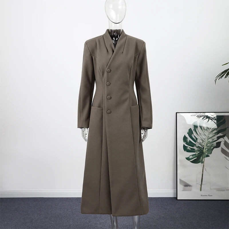 Elegant Long Coat Women V-neck Solid Slim Single-breasted Waist-closed Jackets Lady 2026 Spring Chic Female Streetwear