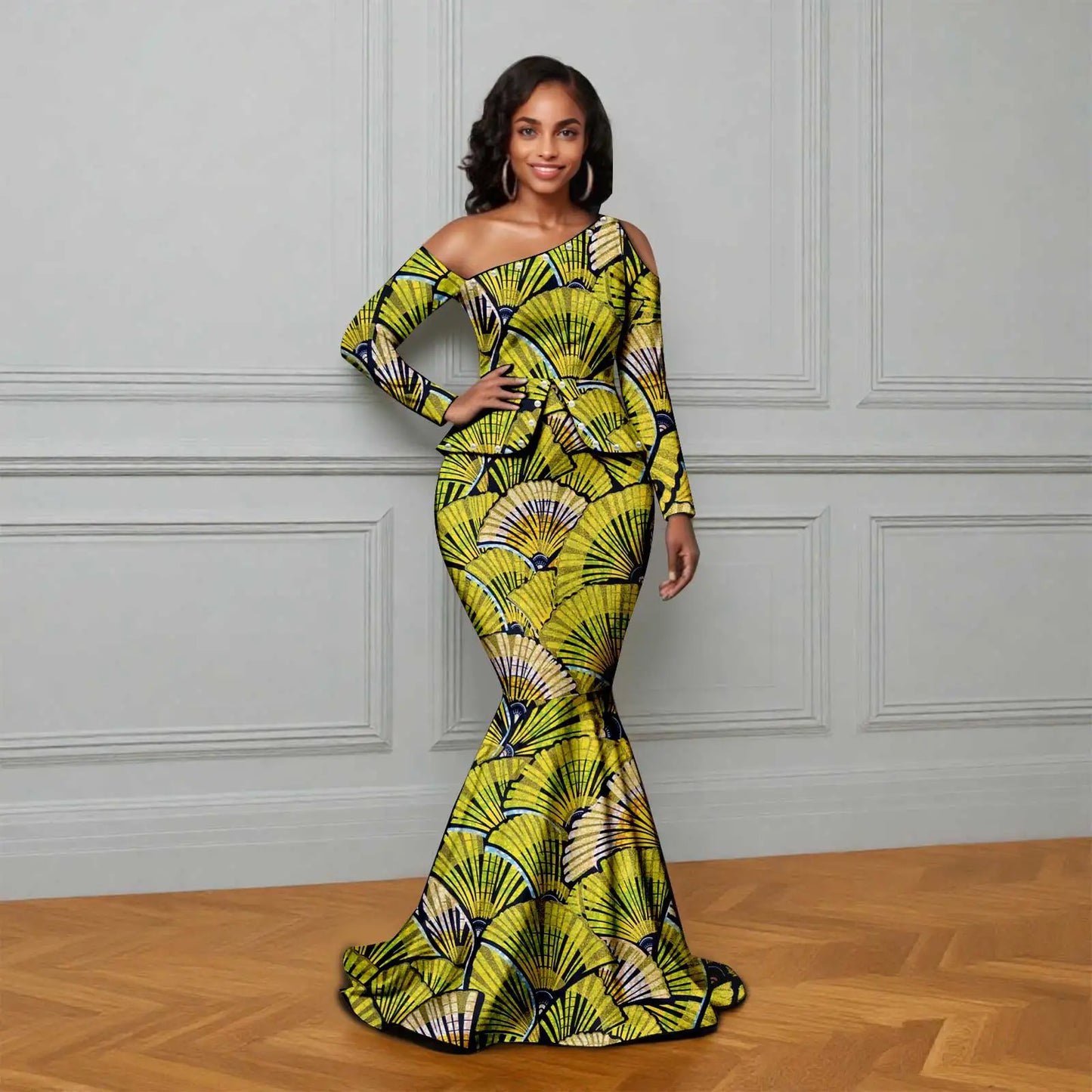 African Ankara Printed Fabric Women's Dress Skew Collar Long Sleeve Floor-Length Dress Elegant fashion 2625007