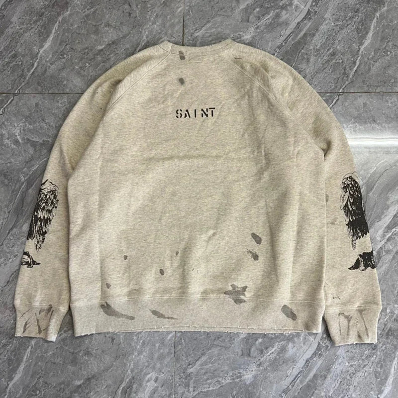 Real Photo Portrait Graffiti Print Saint Hoodie Wash Do Old Destroy Loose Pullover Casual Women Men Sweatshirt