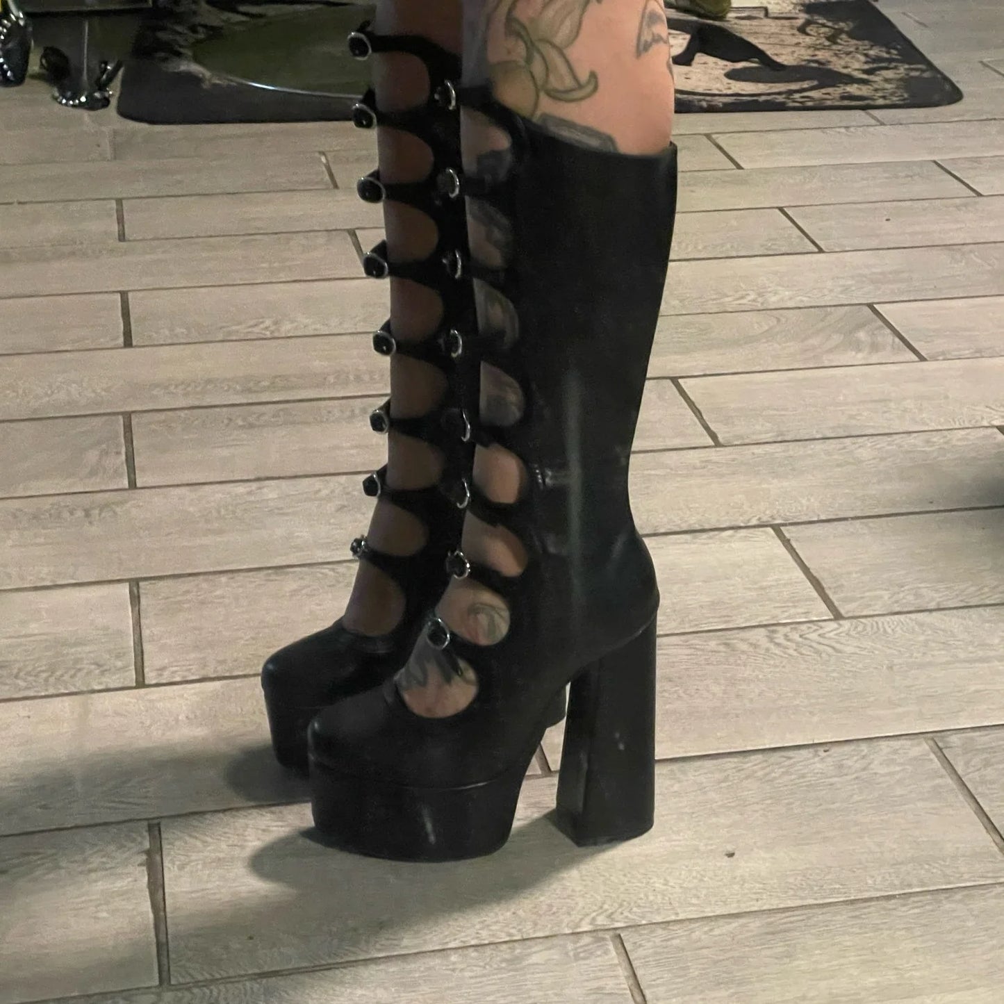 Patent Leather Belt Buckle Sexy Boots Platform Party Zip Summer Fashion Women Lolita Boot Hollow Street Punk Thick High Heels