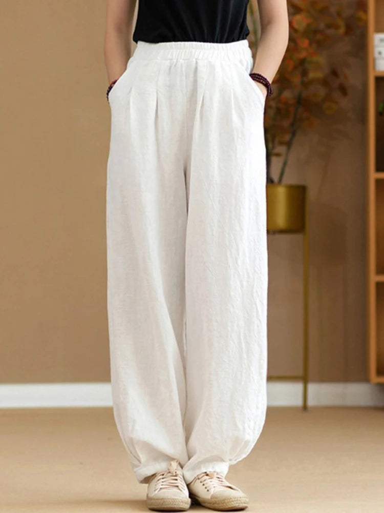 Johnature Women Loose Cotton Linen Casual Pants Solid Color Elastic Waist Lantern Pants 2025 Spring New Female Trousers