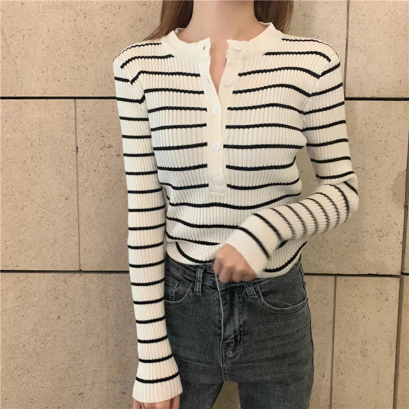 ITOOLIN Women Stripes O-neck Buttoned Up Sweaters Long Sleeve Knitted Sweater Slim Women Jumpers Tops Autumn Winter One Size