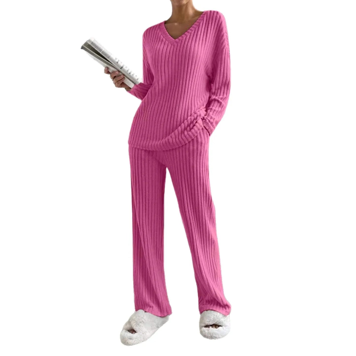 Fashionable Knitted Two-Piece Set Casual V-Neck Long Pants Autumn Winter New Style Loose Fit Korean Style Comfortable Polyester