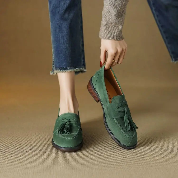 Women's loafers leather shoes Spring New Products Genuine leather sheepskin Nubuck Leather Black/Green/Orange Tassel decoration