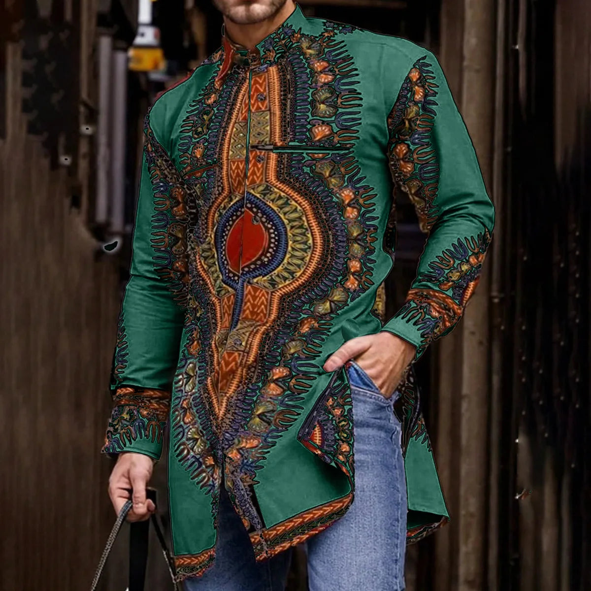 Ethnic Style African Tribal Men Shirts Round Neck Long Sleeve Business Casual Slim Blouses Comfy Traditional Long Tops Gentleman