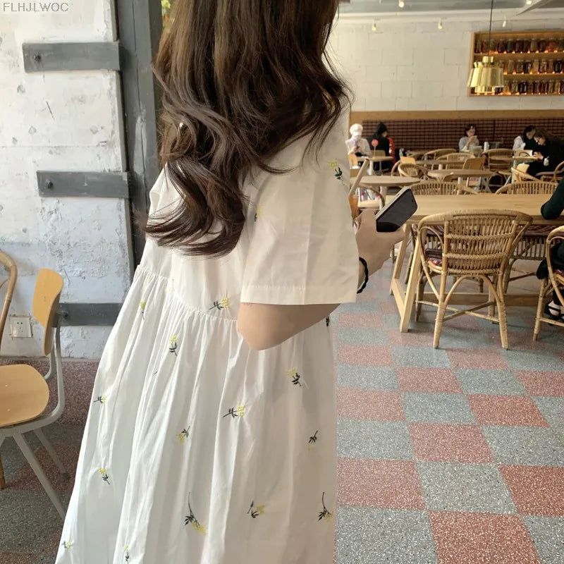 Loose Summer Cute Sweet Japanese Style Girls Flower Embroidery Retro Vintage Single Breasted Button Cotton Blends Shirt Dress