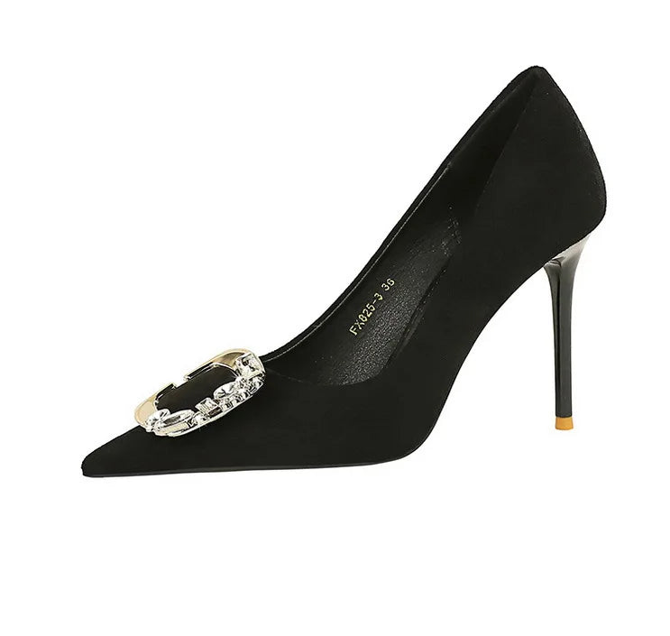 BIGTREE Shoes Metal Rhinestone Belt Buckle Women Pumps Suede High Heels Luxury Banquet Shoes Sexy Party Shoes Women Stilettos