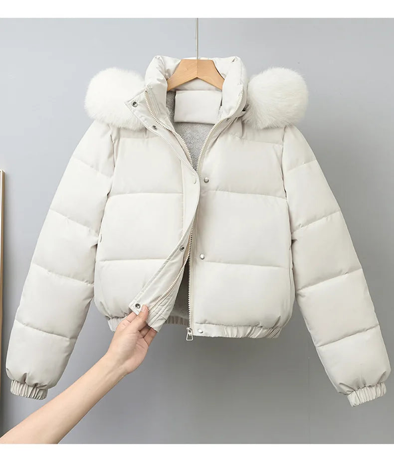 Short Coats Women Parkas Hooded Fur Collar Jackets Thick Warm Y2k Streetwear Elegant Jacket Work Coat Autumn Winter 2025