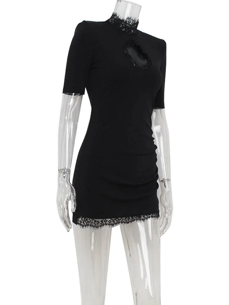 Huhugirl Lace Patchwork Hollow Out Bodycon Sheath Dress High Collar Women