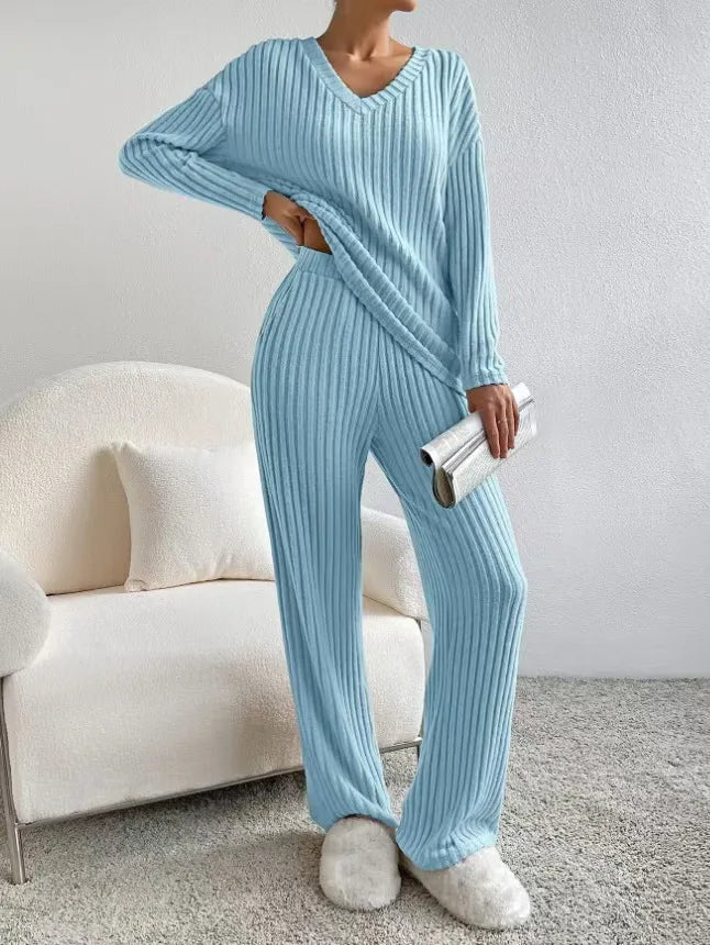 Fashionable Knitted Two-Piece Set Casual V-Neck Long Pants Autumn Winter New Style Loose Fit Korean Style Comfortable Polyester
