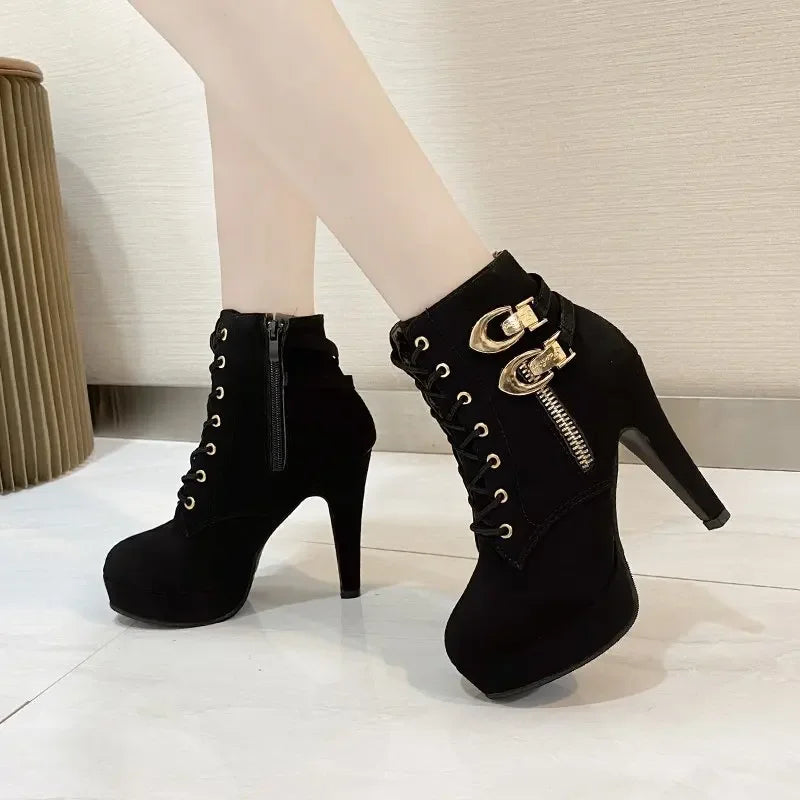 Women High Heels Stiletto Ankle Boots 2025 Autumn Fashion Lace-up Side Zipper Boots Female Platform Solid Color Short Booties