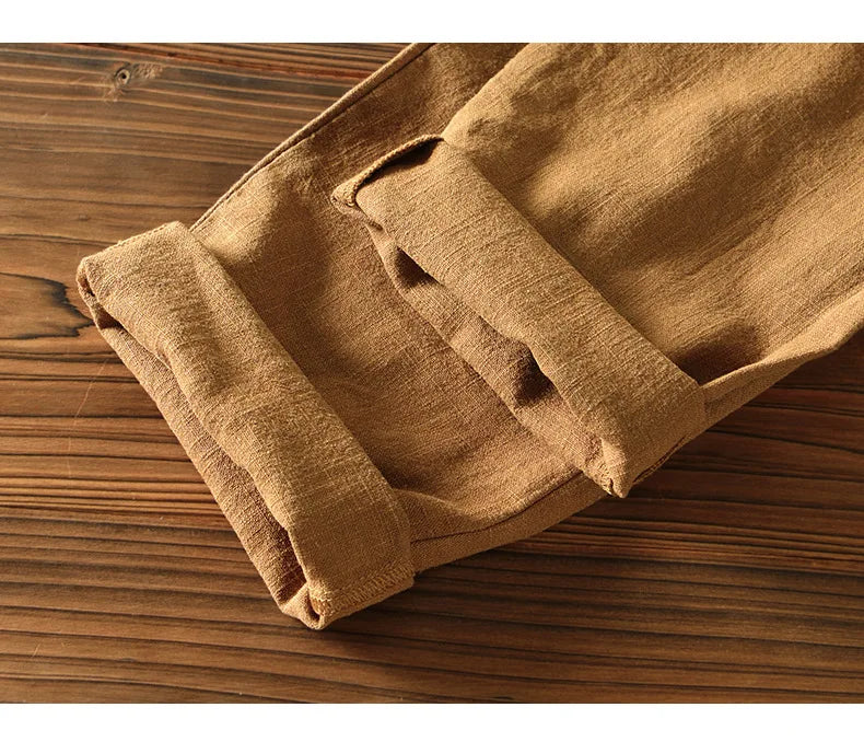 70% Linen,30% Cotton Men's Drawstring Elastic Waist Casual Pants, Straight Loose Ramie Trousers, Camping Fishing Comfortable