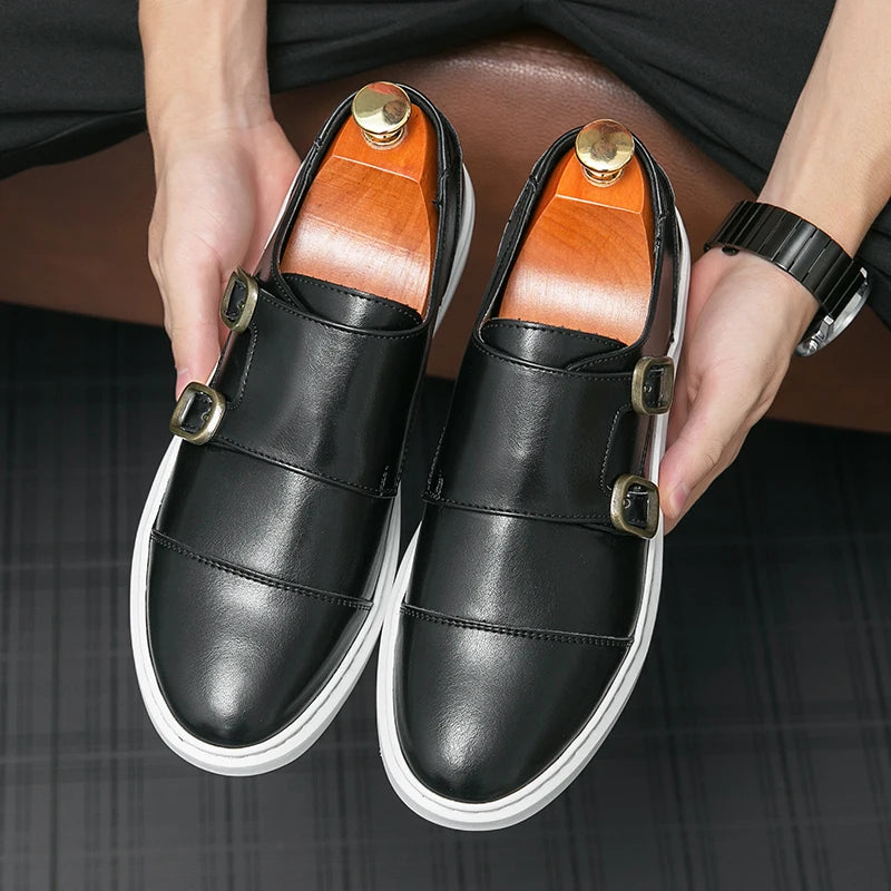 Italy Men Double Buckle Casual Shoes Autumn Leather Loafers Office Shoes for Men Driving Business Comfortable Slip on Shoes Men