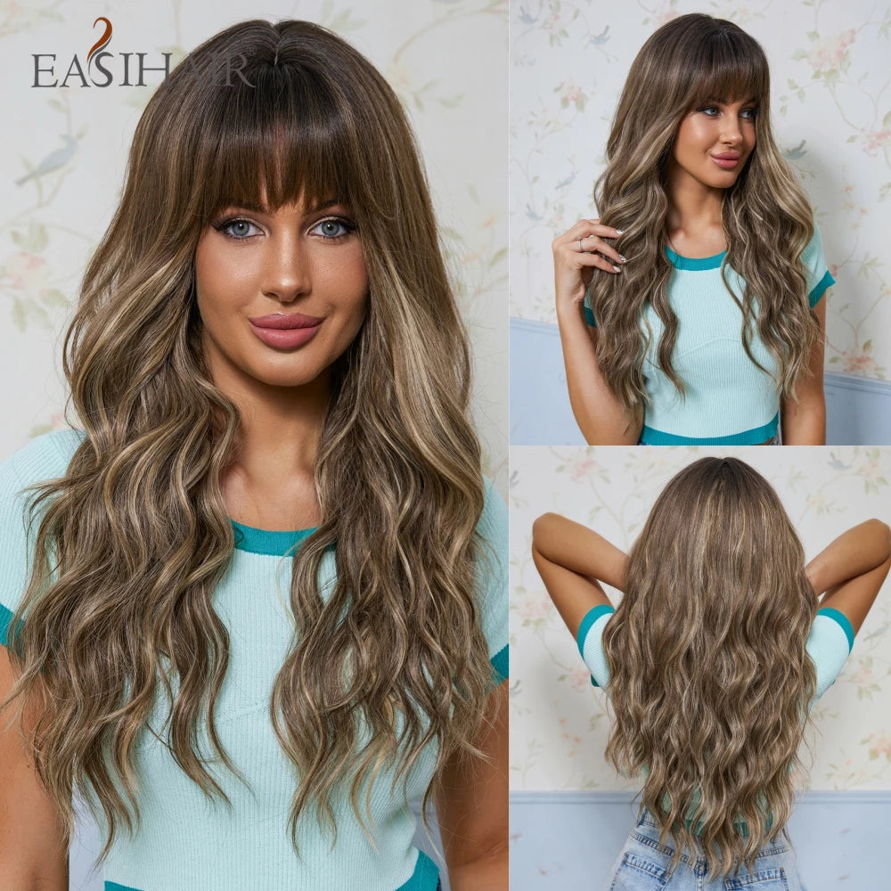 EASIHAIR Dark Brown Long Curly Synthetic Wig with Bangs Brown Women's Wigs for Cosplay Daily Use Heat Resistant Natural Hair
