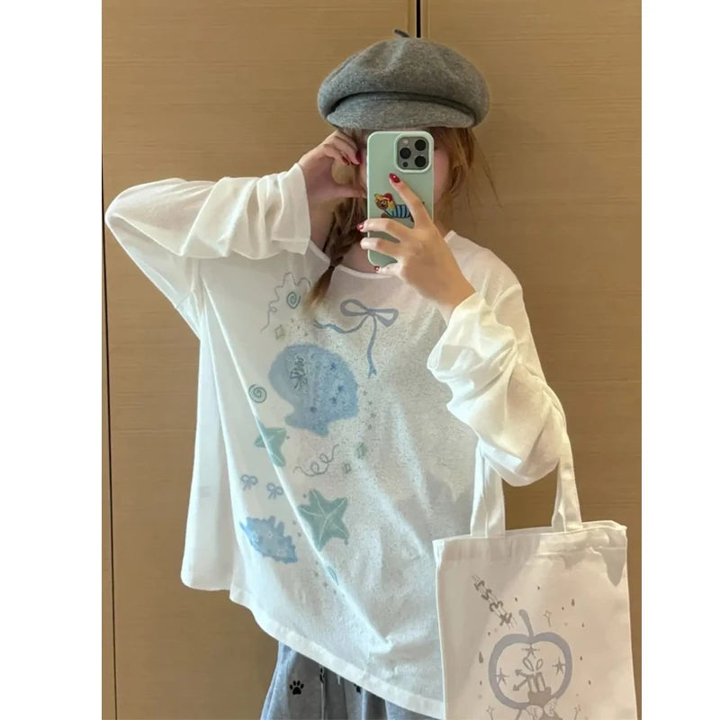 Printing Sexy Perspective Pullovers Top Summer New Long Sleeve Loose Lazy Style Simplicity T Shirts Fashion Casual Women Clothes