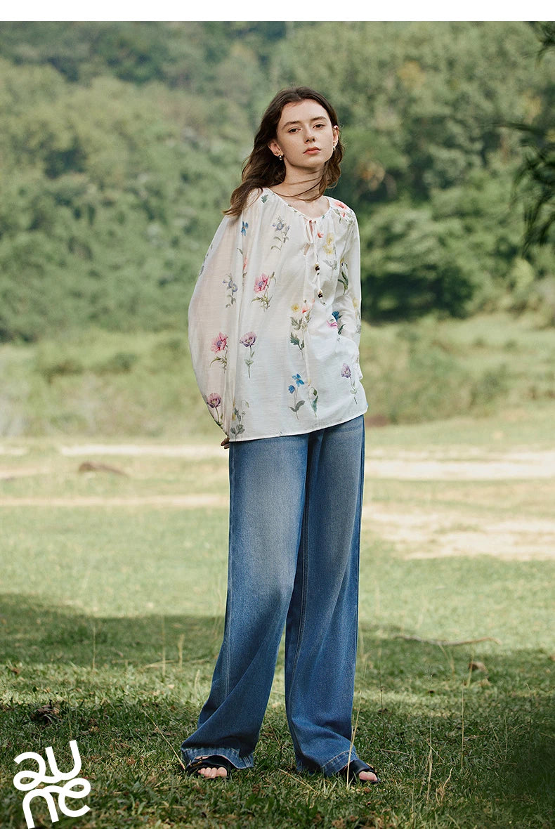 TOYOUTH Women Blouse Shirt 2025 Spring New Linen Floral Printed Velvet Casual Pullover Tops