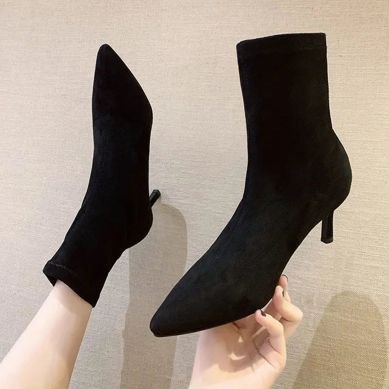 Comemore 2021 Autumn Winter High Heel Women's Shoes Pointed Toe Stiletto Ankle Boots Stockings Black Girls' Socks Boots Dress 34