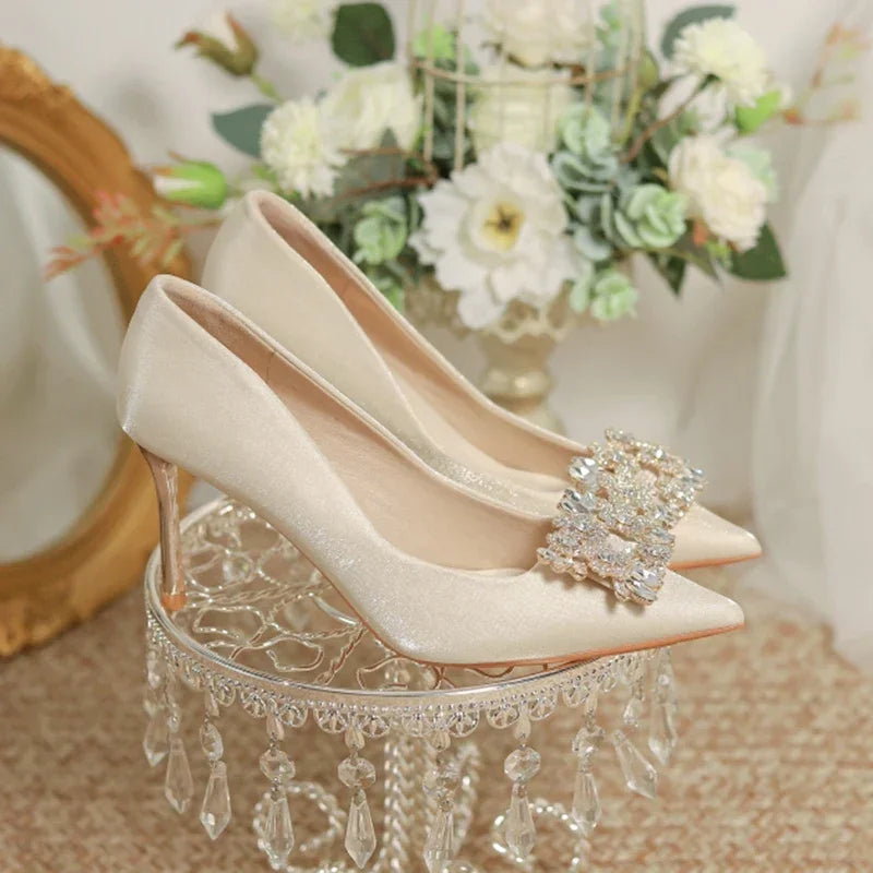 Women's Crystal Square Buckle High Heels Pumps 2024 Elegant Silk Thin Heeled Wedding Shoes Woman Slip On Pointed Toe Dress Shoes