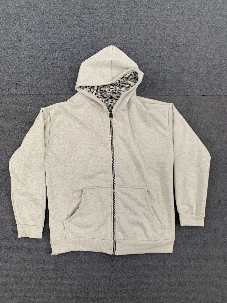Unisex hoodie hooded sweatshirt with leopard print lining pocket, loose cardigan, zipper sweatshirt, streetwear style